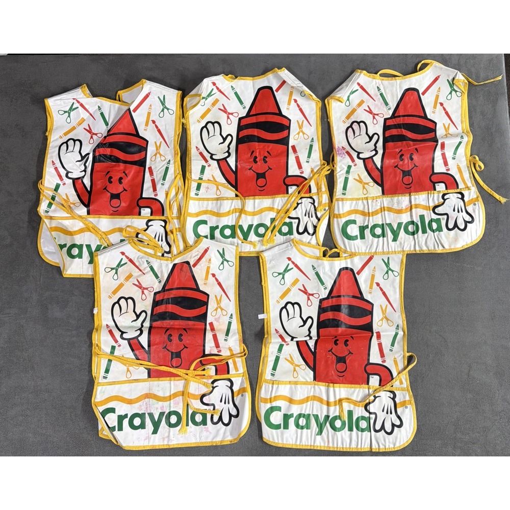 Vintage Crayola Kids Art Smock Vinyl Apron Red Crayon Lot Of 5